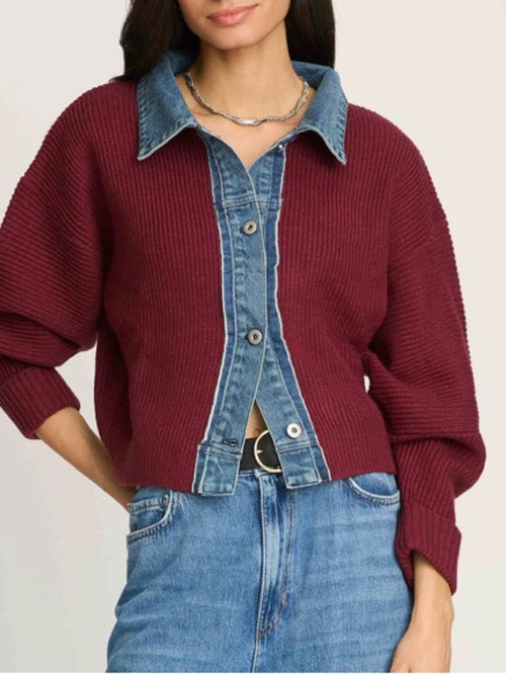 French mauve Piper Denim Trim Sweater